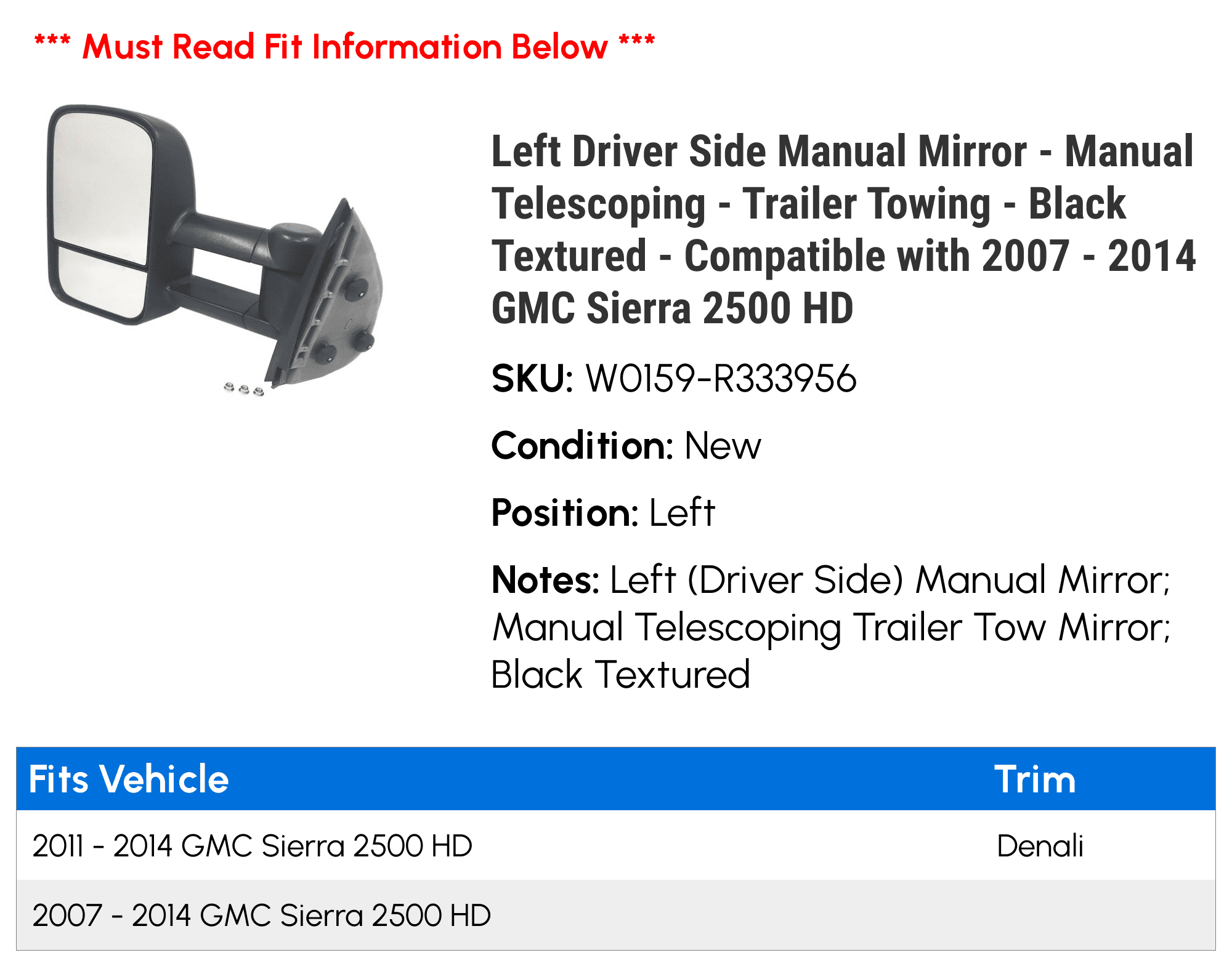 Left Driver Side Manual Mirror - Manual Telescoping - Trailer Towing - Black Textured - Compatible with 2007 - 2014 GMC Sierra 2500 HD 2008 2009 2010 2011 2012 2013