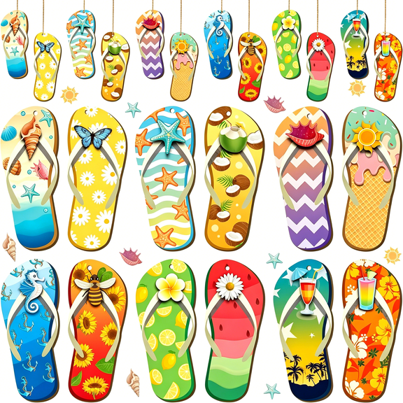 XIBUFE 36 Pcs Summer Wood Hanging Ornaments Summer Flip Flop Wood Chip Hanging Tree Hanging Ornament Wood Tags Colorful Ornament for Birthday Party Anniversary Home Summer Decor,12 Styles