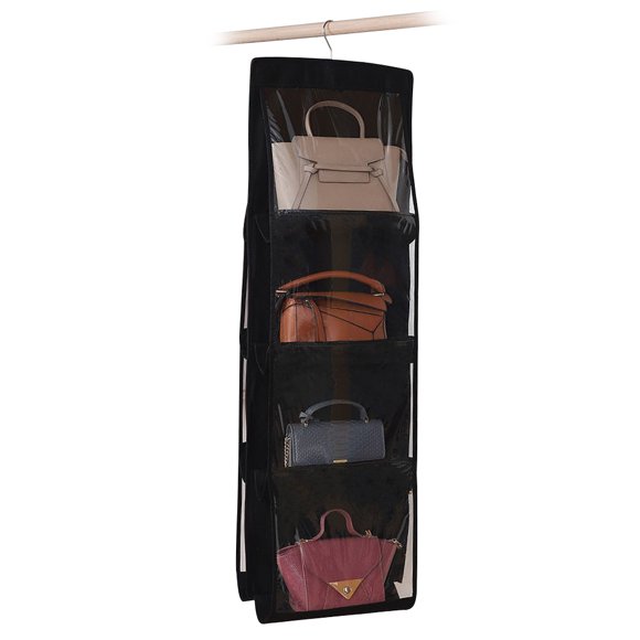 4-layer Handbag Purse Dust-proof Organizer with 8 Pockets Metal Hook Bag Storage Bag for Wardrobe Closet Space Saving Black