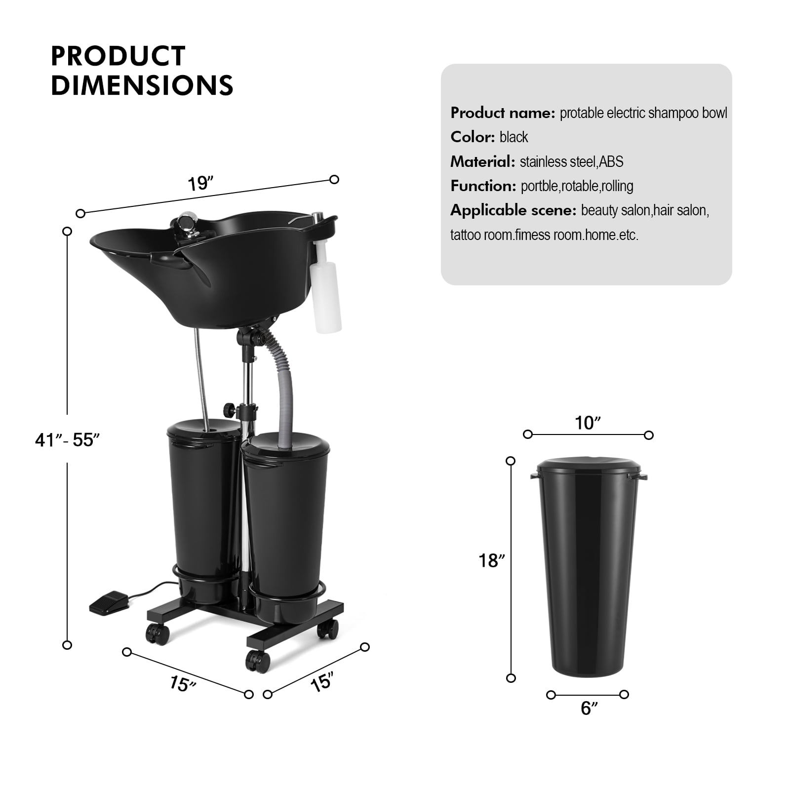 Artist hand Portable Shampoo Bowl Barber Salon Hair Washing Station w/Electric Pump,2 10L Buckets,2 Spray Heads,Drain Hose