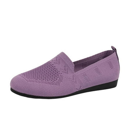 hopeusnice Clearance Women s Knit Slip On Loafers Comfortable Breathable Flat Shoes Lightweight Walking Sneakers Purple 35