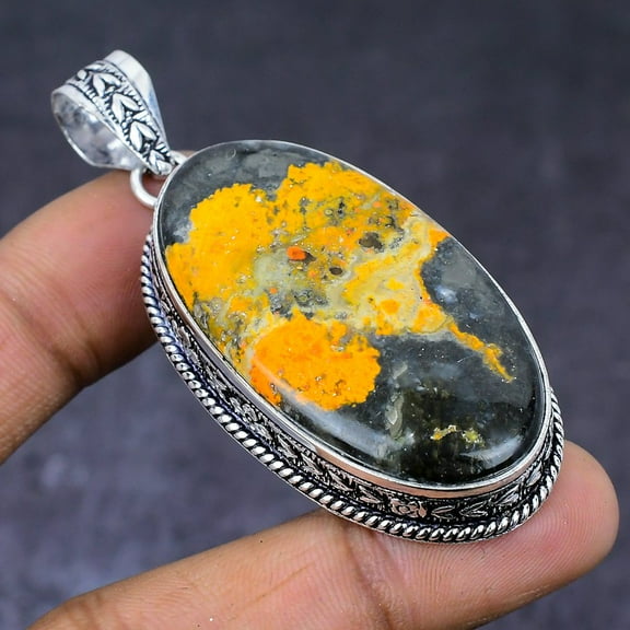 Natural Bumble Bee Jasper Gemstone 925 Steling Silver Pendant 2.56"