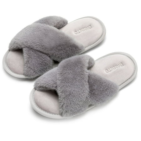 

DANNTO Women s Slippers Cross Band Soft Plush Furry Open Toe House Shoes Indoor Warm Comfy Cozy Bedroom Flats Slide