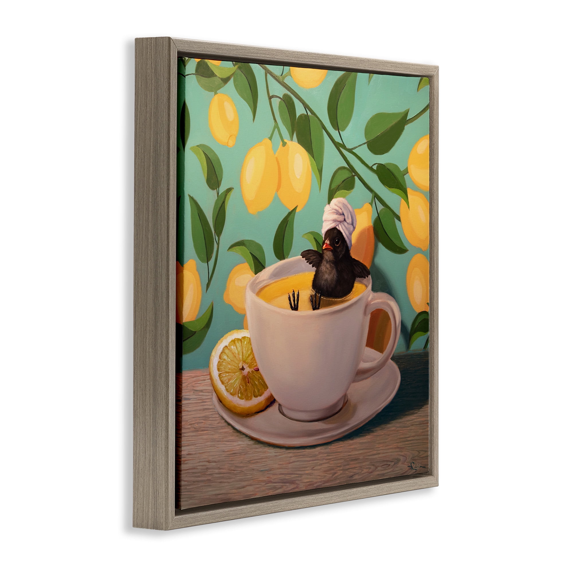 Stupell Industries Bird Bathing Lemon Tea Animals & Insects Painting Brown Floater Framed Canvas Art Print Wall Art, 18 x 18