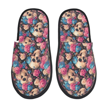 

House Slippers for Women Men - Skull pink blue flower Warm Non-slip Mens Womens Slippers Cozy Slip-on House Shoes Bedroom Outdoor Indoor Slippers for Men