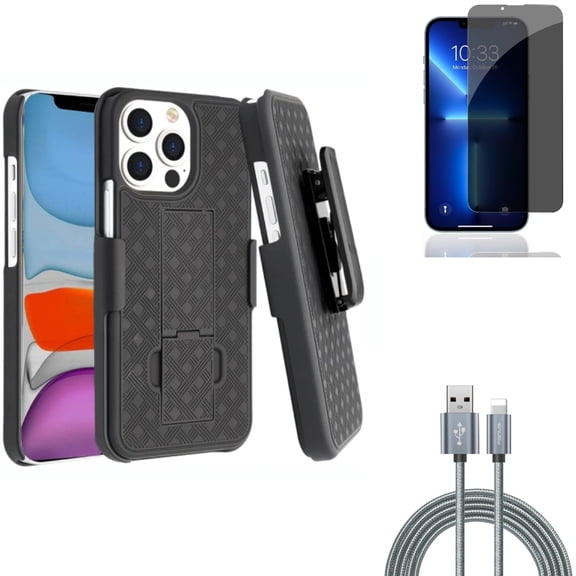 Privacy Screen Protector & 6ft USB Cable & Case Belt Clip for iPhone 13 Pro ONLY - Tempered Glass Curved Anti-Spy   Charger Cord Power Wire   Holster Swivel Cover Combo