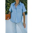 thumbnail image 4 of Women's Blue Turn-down Collar Short Sleeve Denim Shirt, 4 of 15