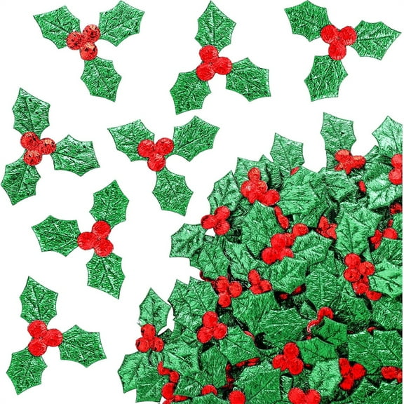 100 Pcs Artificial Holly Berry with Green Leaves Tutuviw 1.4in Christmas Holly Berry Branches Headdress Decoration Accessories for Christmas Wreath Craft Arrangement DIY Hanging Ornament