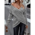 thumbnail image 3 of Women's Fall/Winter Solid V-neck Sweater Fashion Crossover Jacquard Slim Casual Top Irregular Loose, 3 of 3