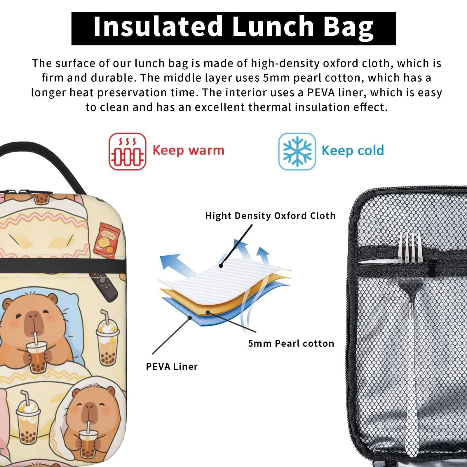 Lunch Bag For Women Men Insulated Portable Lunch Box Bento Box Office Picnic Travel Cooler Bag Capybara Drinking