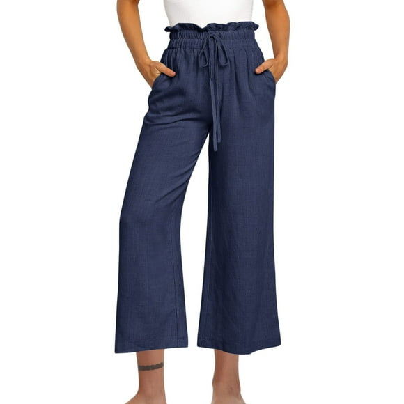 LOVZFMLL Women's Pants, Solid Color Casual Fashion Adjustable Waist Linen Blend Pants Navy, L
