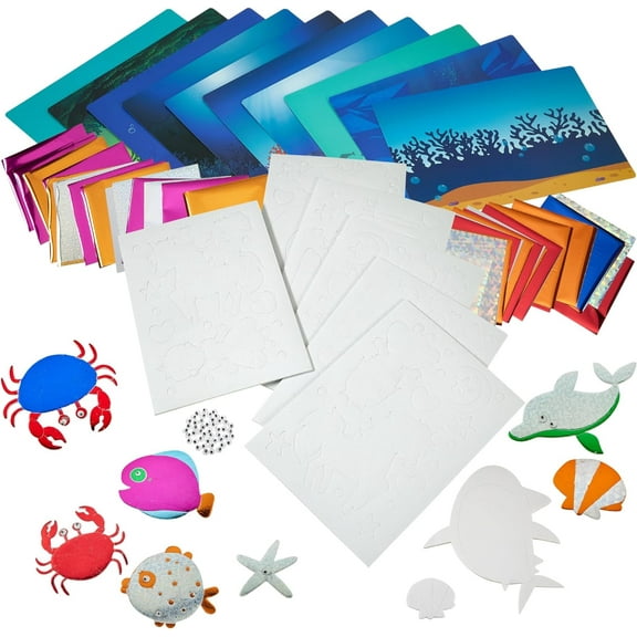 Playbees Foil Fun Sea Animals - Preschool Arts and Crafts Kit for Kids- No Mess Art for Boys & Girls Ages 4, 5, 6, 7, 8, 9 Years Old - DIY Creative Activity - Art & Craft Activity - Art Supplier Toys