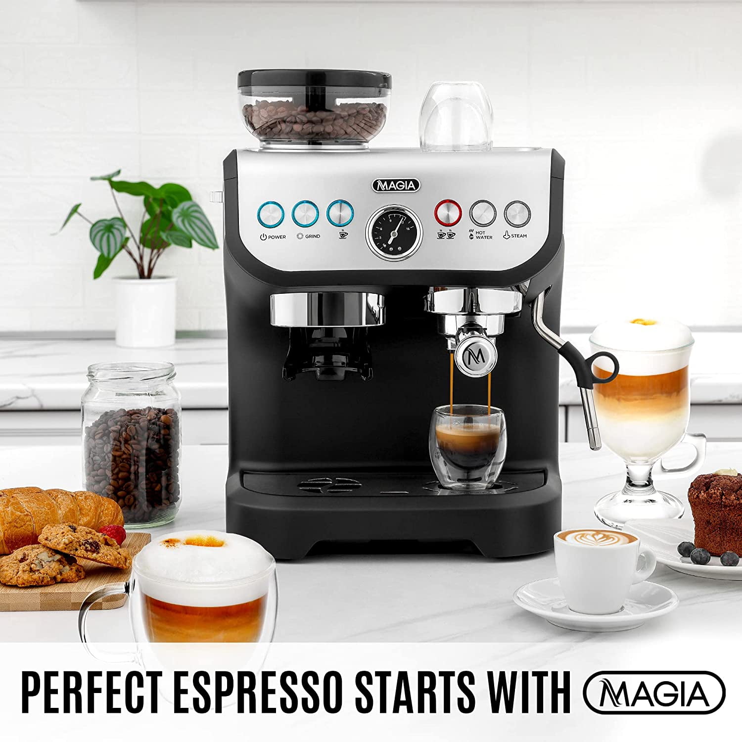  Zulay Kitchen Magia Manual Espresso Machine with Grinder and  Milk Frother - 15 Bar Pressure Pump Cappuccino Machine - Latte Machine - &  Extra Large 2L Removable Water Tank: Home & Kitchen