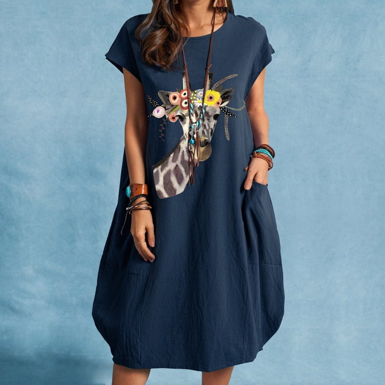 OAVQHLG3B Pocket Crewneck Giraffe Dress for Women Straight Short Sleeve Midi  Dresses Beach Dress Summer Women Vestidos Vestir - Walmart.com