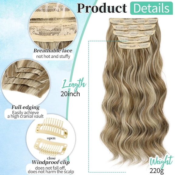 WEIF-Kookastyle Clip in Hair Extensions Synthetic Clip ins Wavy Full Wrap Edges Hair Extensions for Women 5pcs/Light Brown mix Light Blonde F8/613