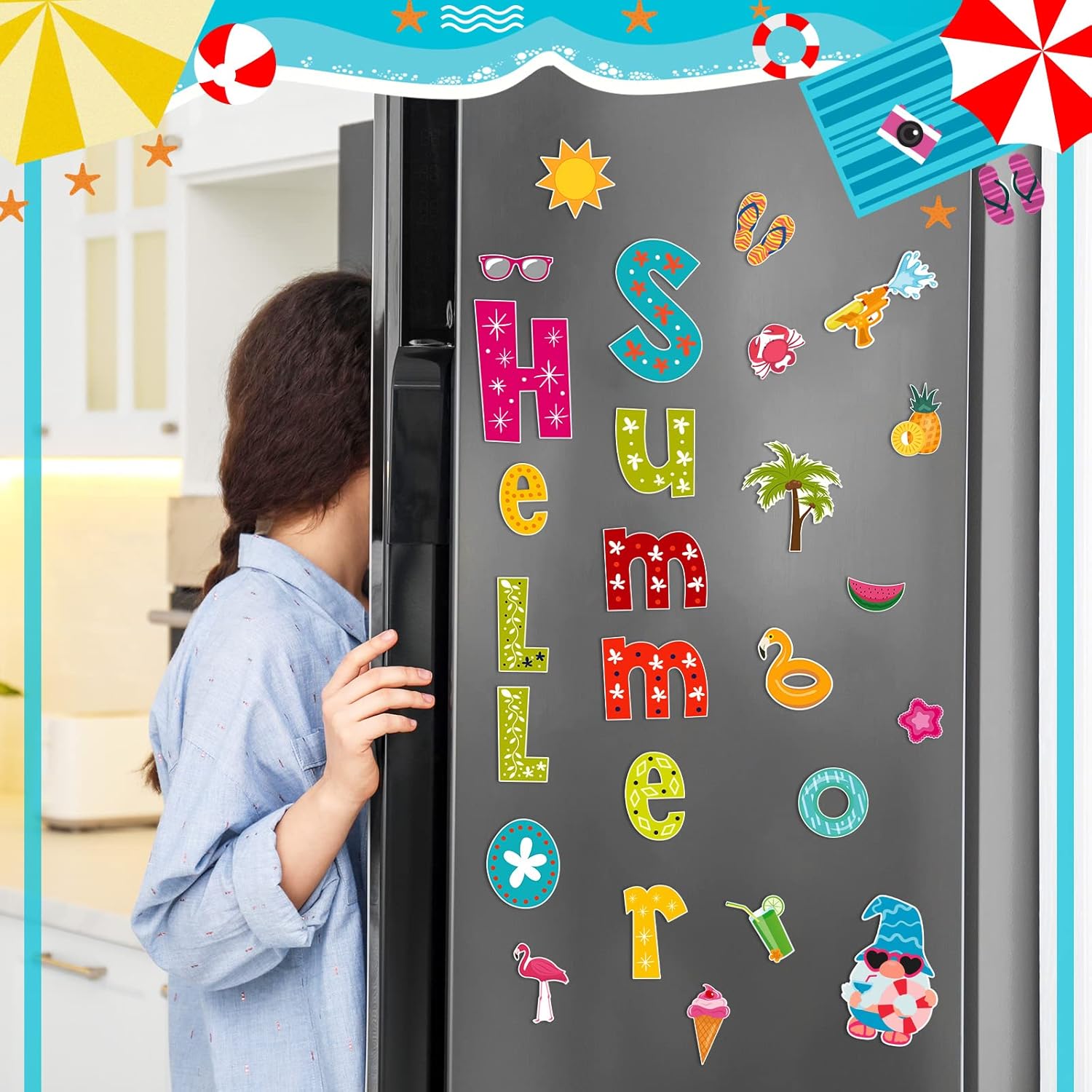 GBBG 26 Pieces Summer Garage Door Decorations Magnets Hello Summer Garage Magnetic Stickers Sun Watermelon Refrigerator Car Decals Decor Holiday Magnets for Car Decor