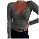thumbnail image 1 of Camiseta de mujer de color liso con cuello en U profundo y manga larga, sexy y casual, confeccionada en poliéster ligero y spandex, con corte holgado y estilo informal., 1 of 5