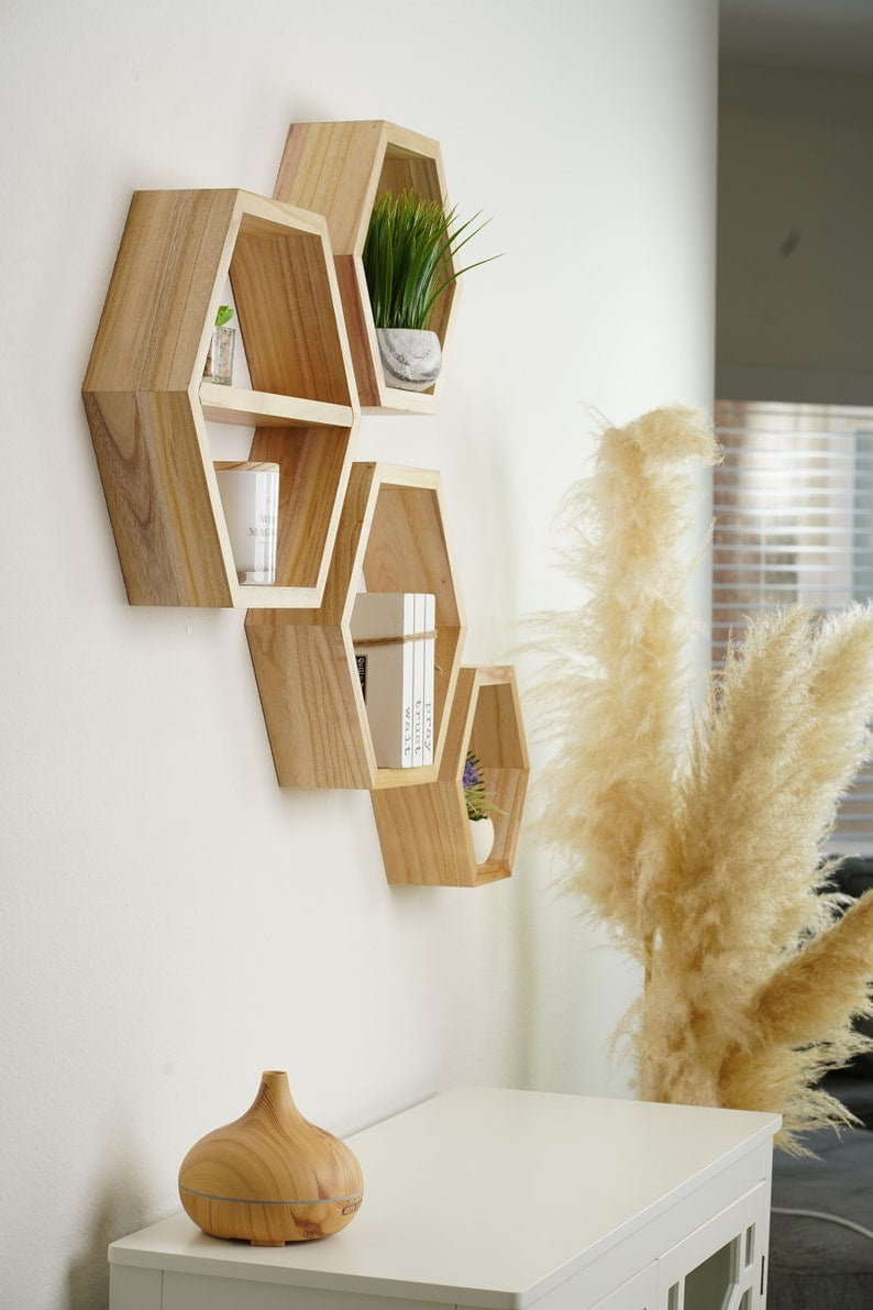 Geometric Hexagon Honeycomb Natural Wood Floating Shelves (4 Count)