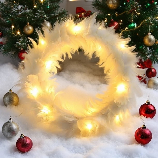Guirnalda Navideña de Plumas Blancas con Luces Led | 30 Cm de Diámetro | Adorno para Puerta | Decoración Festiva para El Hogar (1 Unidad)