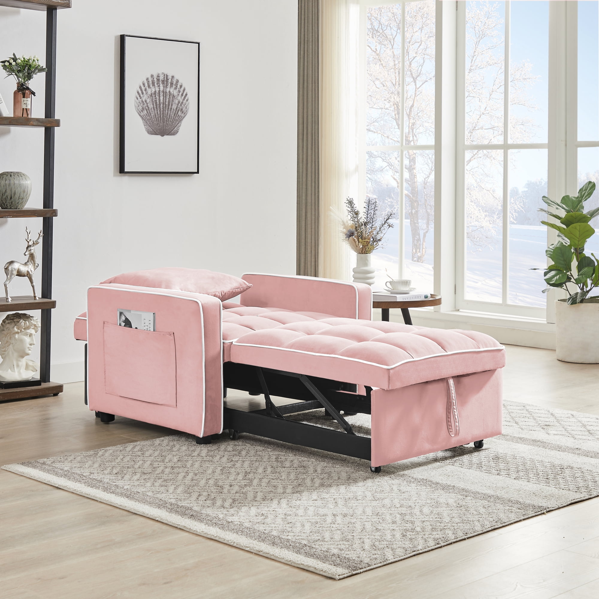 3-in-1 Convertible Chair Bed, Indoor Lounge Chair with Pillow, Single Sofa Pull Out Couch for Living Room,Pink