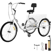 VEVOR Foldable Adult Tricycle 24'' Wheels Tricycle, 1-Speed White Trike, 3 Wheels Colorful Bike with Basket, Portable and Foldable Bicycle for Adults Exercise Shopping Picnic Outdoor Activities