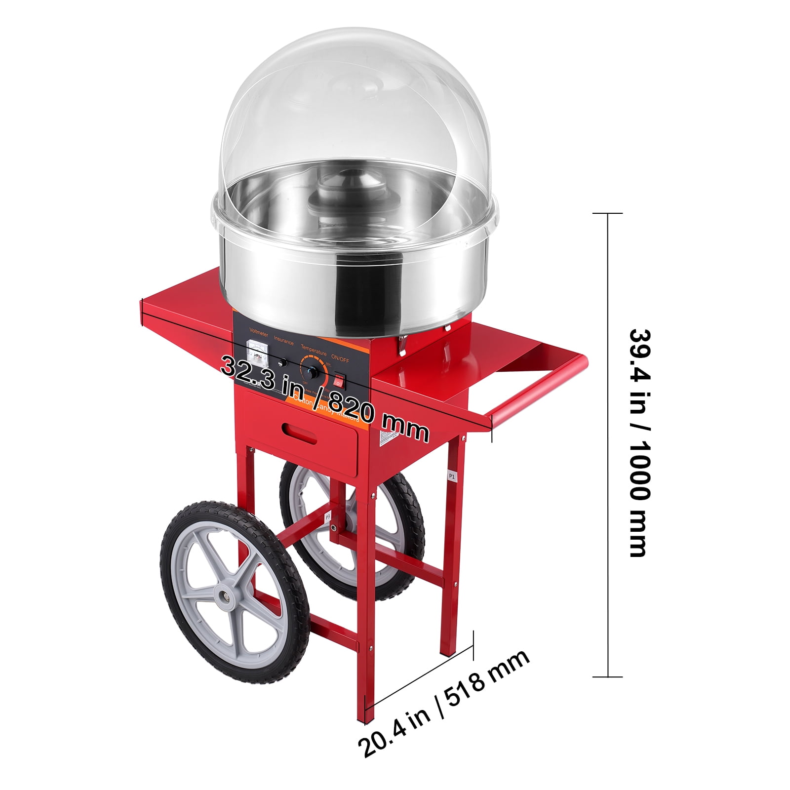 VEVOR Electric Cotton Candy Machine with Cart, 1000W Commercial Candy Floss Maker with Cover, Stainless Steel Bowl, Sugar Scoop and Drawer, Perfect for Home, Kids Birthday, Family Party, Red