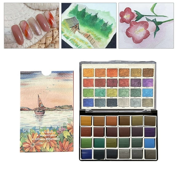 Ctnporpo 24 Color Glitter Watercolor Paints Set Pearlescent Color Artist Art Set for Painting On Fabric Paper Crafts DIY Craft Supplies Organizer