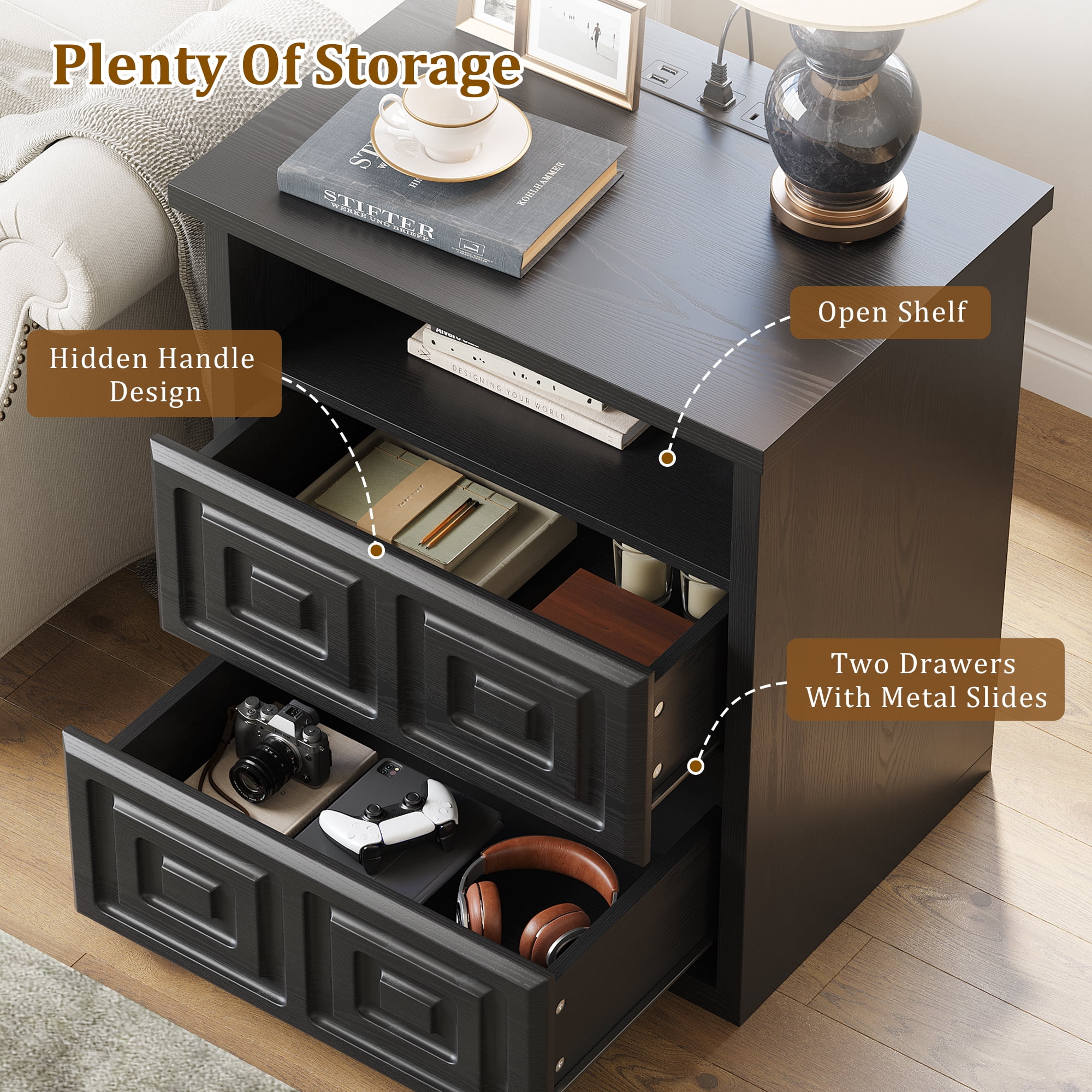 Aufeile Farmhouse Nightstand with Charging Station, Wood Nightstand with 2 Drawers & Open Shelf, Bedside Table for Bedroom, Small Side Table Stand for Living Room, Black