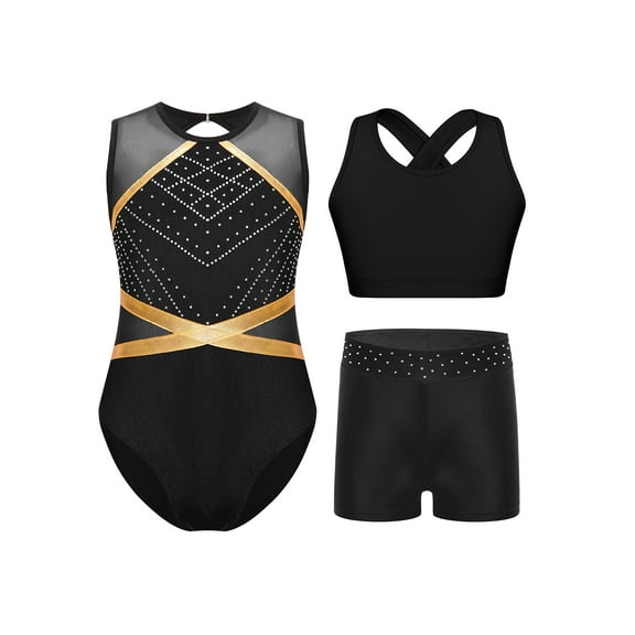 TSSOE Kids Girls Sparkly Ballet Dance Leotard Gymnastics Unitard Biketard Vest with Tumbling Shorts 2 Pieces Set Black 16