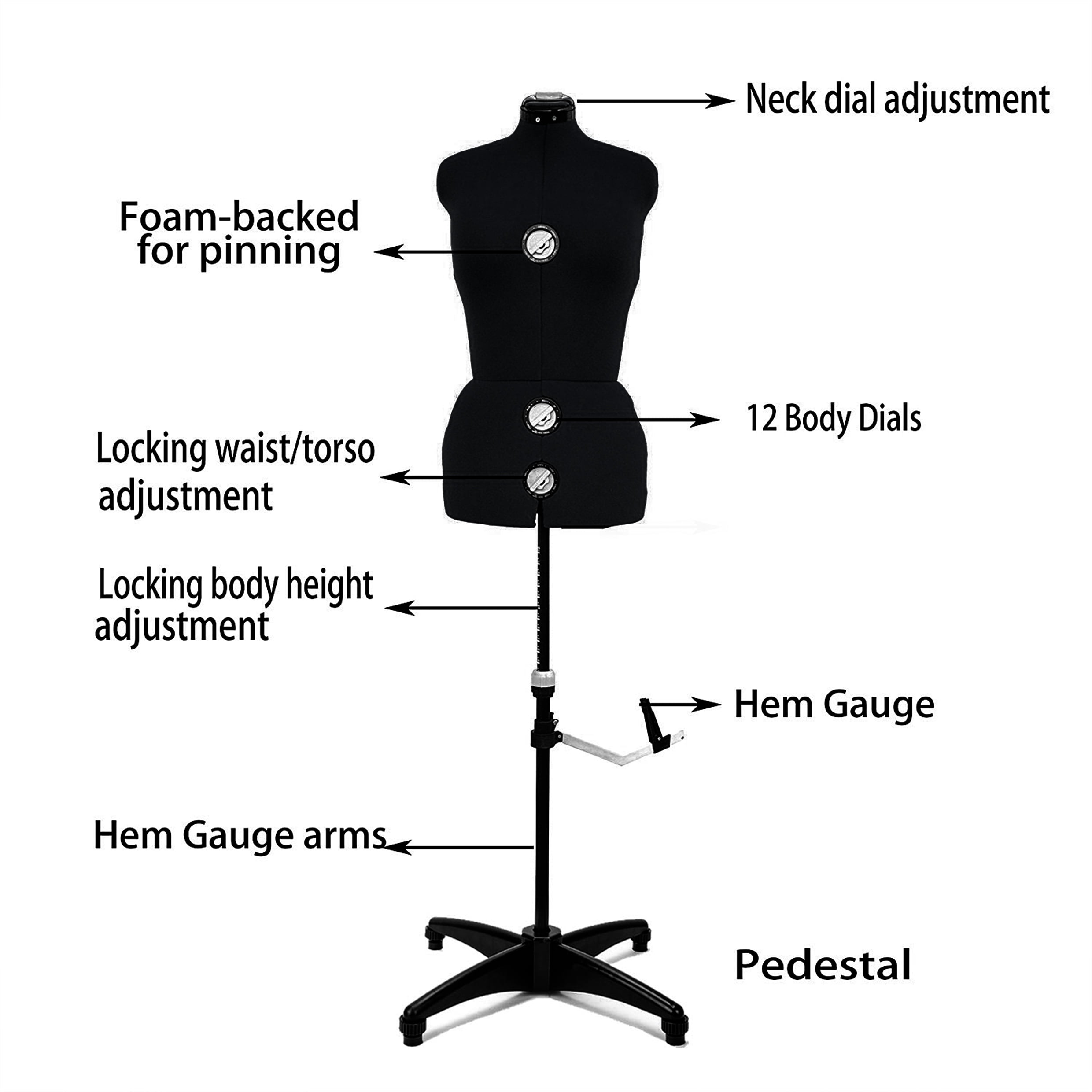 GEX 13 Dials Female Fabric Adjustable Mannequin Dress Form for Sewing, Mannequin Body Torso with Stand, Up to 70" Shoulder Height Black (Large)
