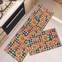 Fall Kitchen Rugs and Mats Non Skid Washable Set of 2, Autumn Pumpkins Gingham Kitchen Runner Rug, Thanksgiving Kitchen Floor Mat Under Sink Mat Throw Rug for Kitchen Doormat Waterproof