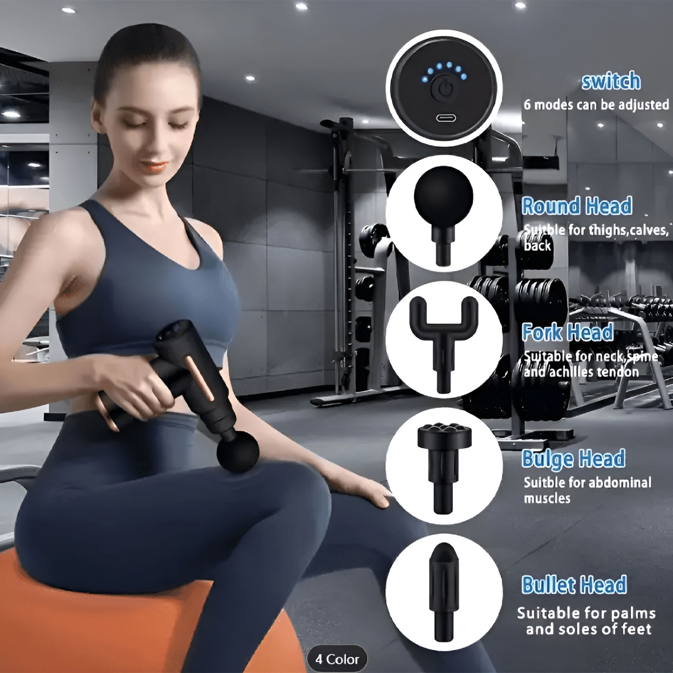 XIRQI 2026 New Fascia Massage Gun Deep Tissue Body Neck Back Pain 4 Heads for Body, Neck, Back, Muscles, Sports, Recovery