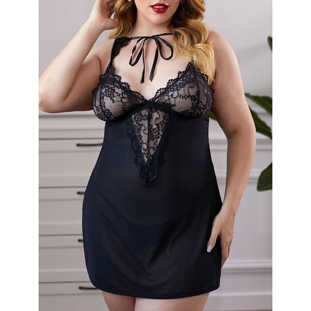 Collar de corbata panel de encaje más tamaño T-back lencería babydoll Rosegal Picardías de talla grande