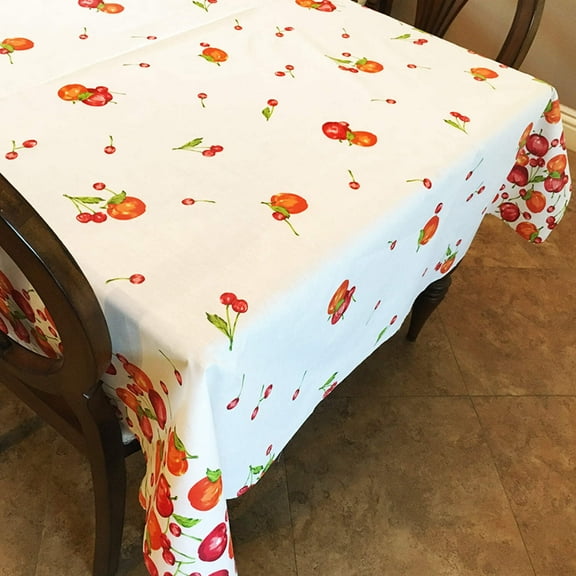 Cotton Tablecloth Fruits Print Apples and Cherries Border White
