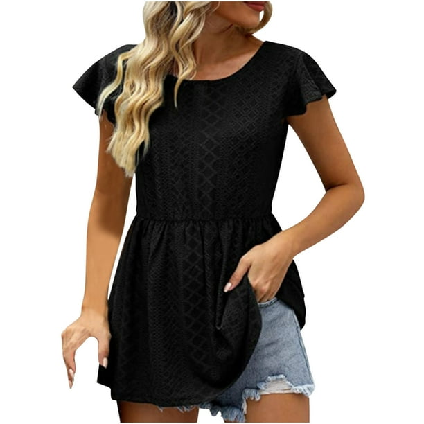 Blusas casuales de manga corta con cuello redondo de color sólido para mujer OAVQHLG3B Store lin121212