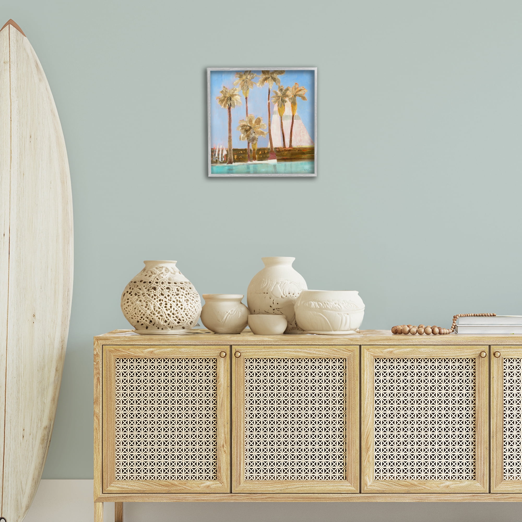 Stupell Industries Rustic Tropical Scene Coastal Painting Gray Framed Art Print Wall Art, 17 x 17