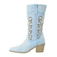 thumbnail image 4 of Denim Cowboy Boots for Women Pointed Toe Western Embroidery Booties Trendy Heeled Mid Calf Cowgirl Boots, 4 of 6
