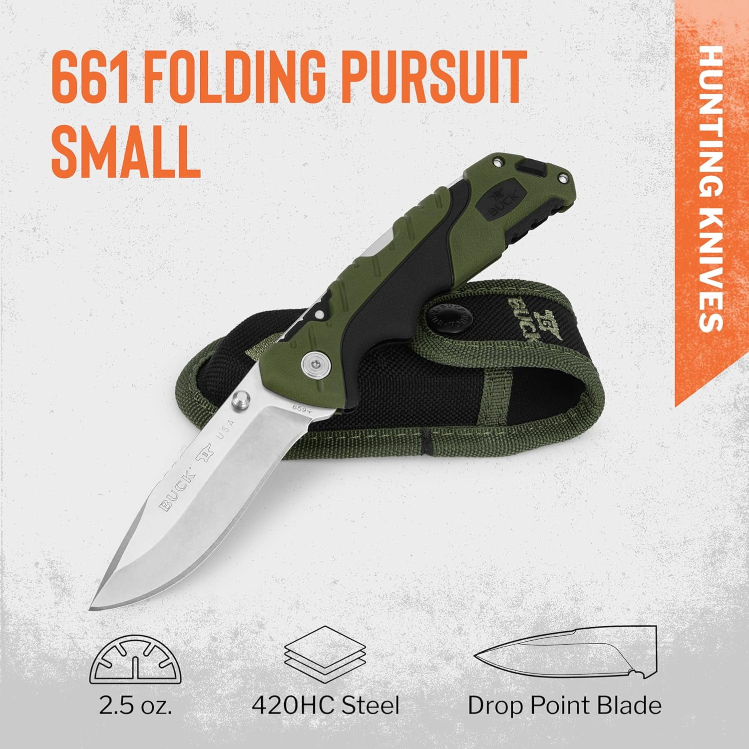 Buck Knives 661 Small Folding Pursuit Hunting Knife, 3" Blade, Nylon Handle, Green, 2.5 oz