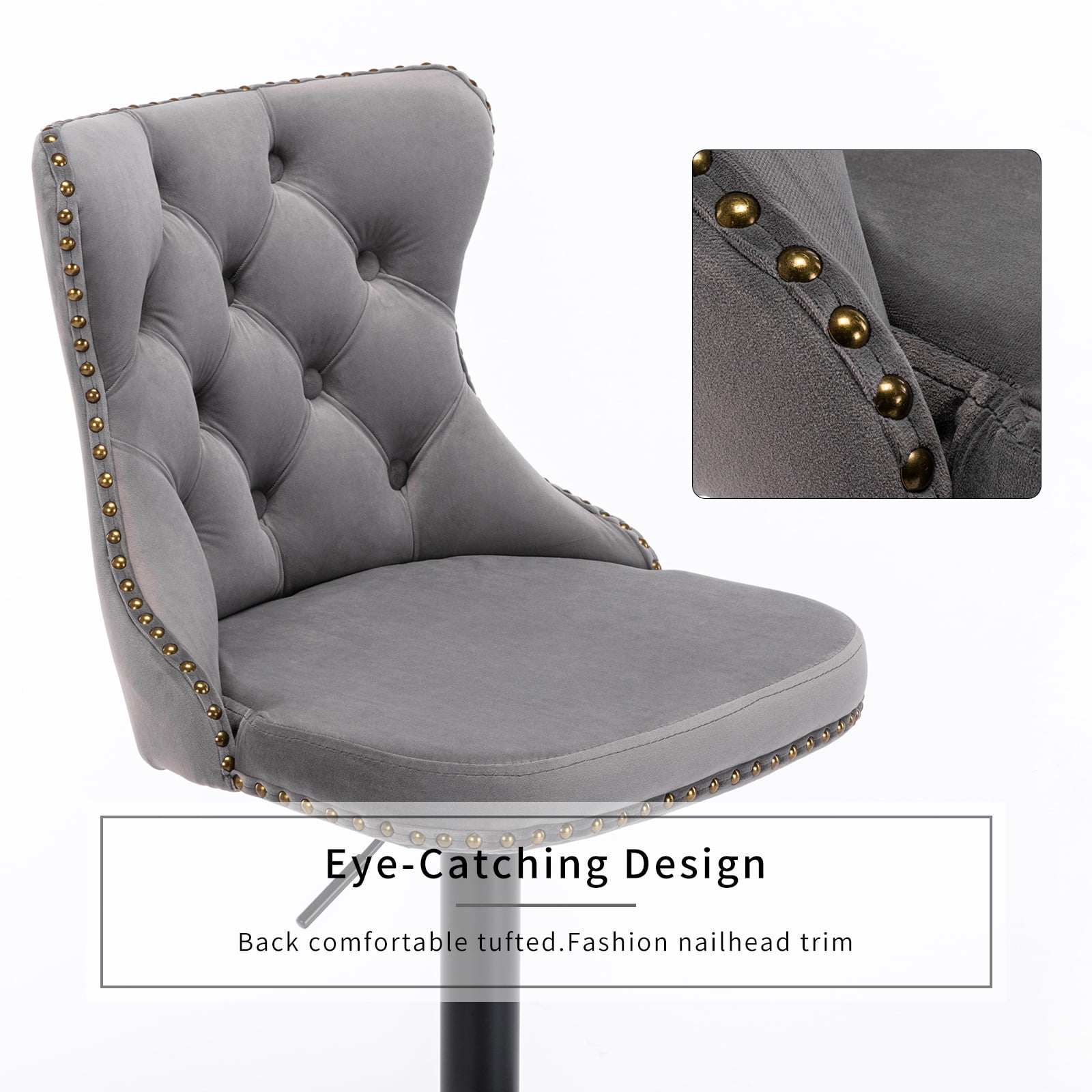 ODUSE-DAILY Gray Velvet Bar Stools Set of 2 - Adjustable Swivel Counter Height Chairs with Tufted Back and Nailhead Trim for Kitchen Island Pub Restaurant (2Pcs, Black Metal, Grey)
