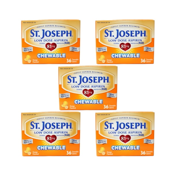 5 Pack St. Joseph Low Dose Aspirin Adult Aspirin Regimen 36 Chewable