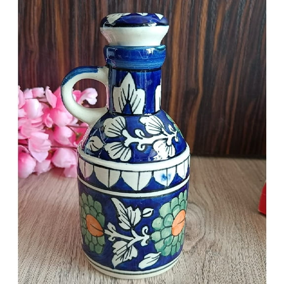India Meets India Ceramic Bottle/Jug/Jar/Oil Dispenser [Blue w/ Floral Design] Ceramic Storage Bottle for Oil, Vinegar, Sauces, Ketchups, Ceramic Bottle w/ Lid, 16 OZ (500 ML)