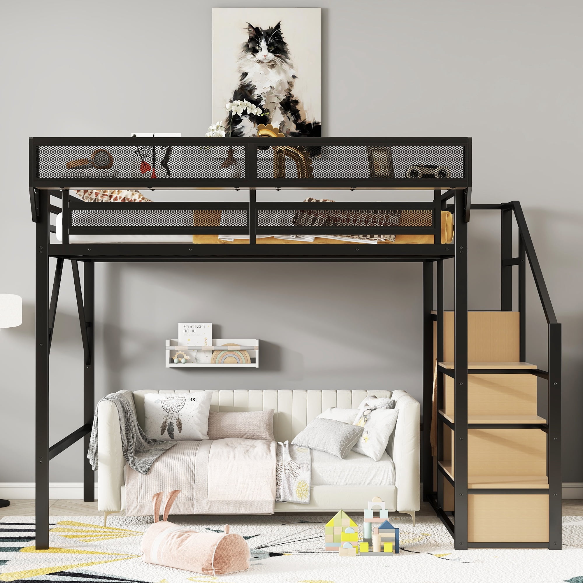 Leumius Queen Size Loft Bed with Wardrobe, Metal Queen Loft Bed with Storage Shelves, High Loft Bed with Stairs for Kids Teens Adults, Black