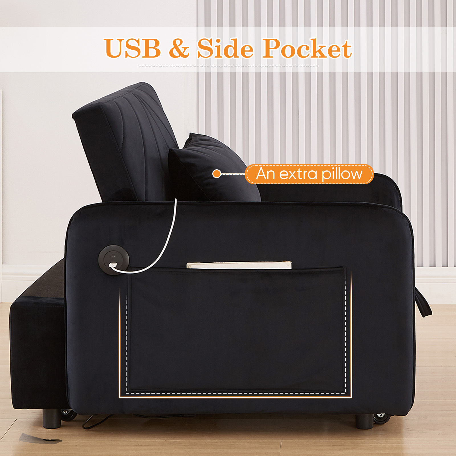 Lunale Convertible Sleeper Chair Bed, Indoor Lounge Chair with USB, Velvet Single Sofa Bed, Black