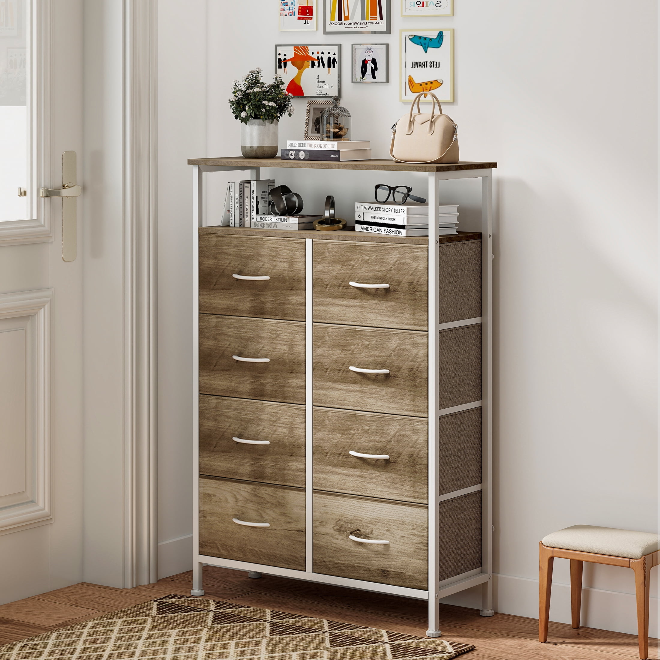 edx 8 Drawers Fabric Dresser, Clothes Storing, Storage Tower Organizer TV Stand, for Bedrooms, Wardrobes, Entryways, and Living Rooms, Oak
