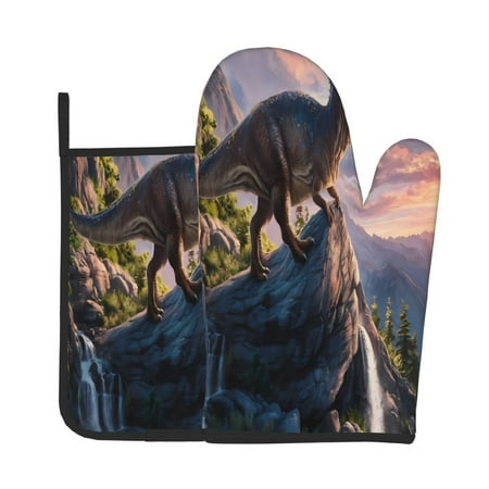 

Junzan Sunset Cliff Dinosaur Pattern Oven Mitts and Pot Holders 2 pcs Set Potholders BBQ Gloves Long Kitchen Oven Glove for Cooking Baking Grilling (2-Piece Set 11 Inch)