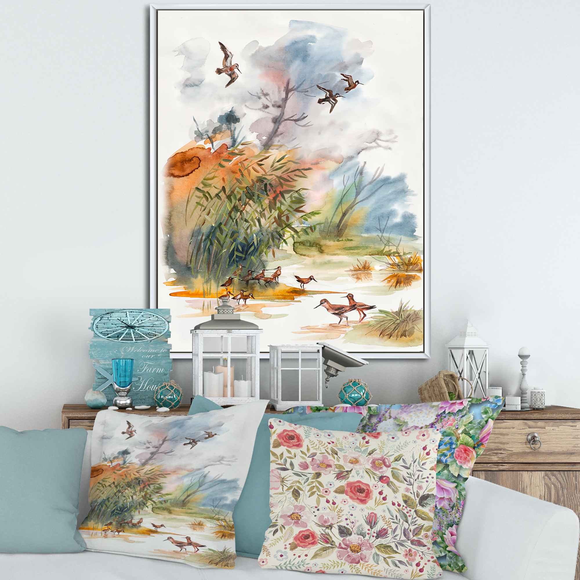 Designart 'Flying Over The Water With Autumn Landscape' Traditional Framed Canvas Wall Art Print