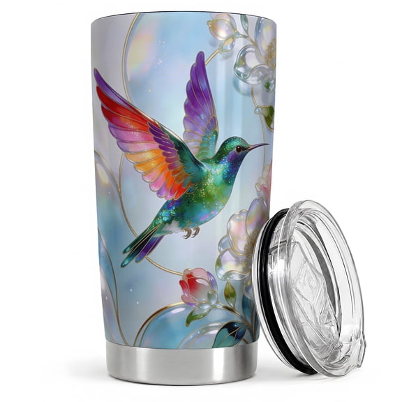 Stained Glass Hummingbird 20oz Tumbler, Hummingbird Flower Tumbler, Daily Drinkware, Green Bird with Rainbow Wings and White Blossoms, Floral Nature Cup, Women, Adults, and Bird Lovers