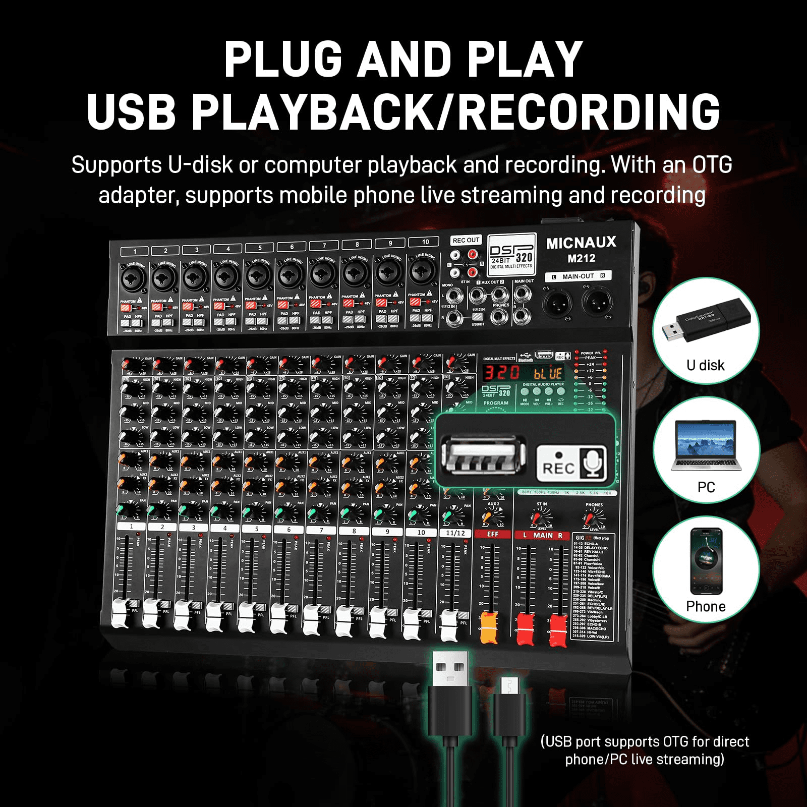 Audio Mixer 12 Channel Professional Sound Console Music Mixer with 320 DSP Effects, 7-band EQ DJ Mixing Board w/USB, Bluetooth, 48V Power Supply, PAD Button for Recording Karaoke PA Drum Live