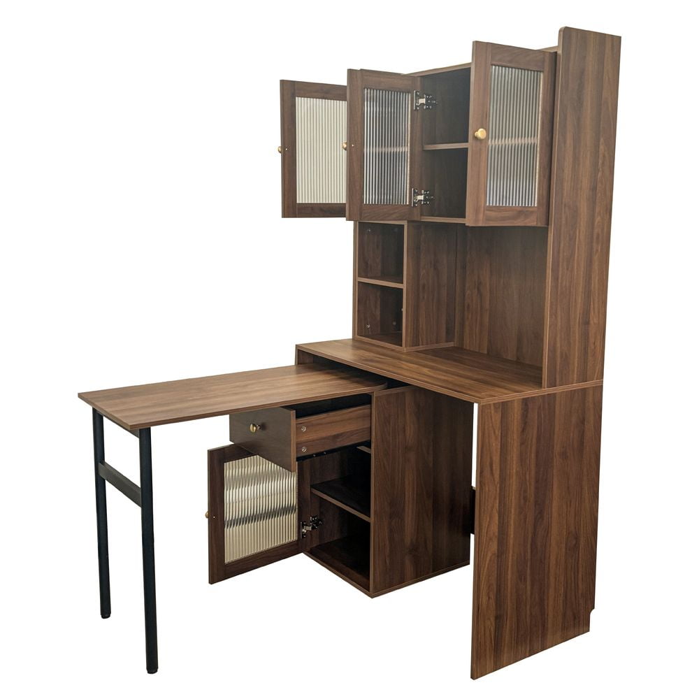 LUMAMIN Rotating Computer Desk, L Shaped Desk Writing Table Home Office Workstation with 90° Extendable Desktop, Glass-Door Cabinets, Bookshelf & Hutch, White