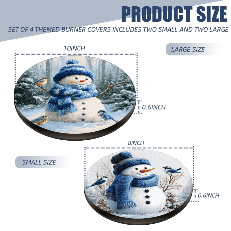 Christmas Electric Stove Burner Covers for Electric Stove, Blue Snowman Round Decorative Metal Gas Stovetop Covers Set of 4 for Kitchen, 8 Inches and 10 Inches